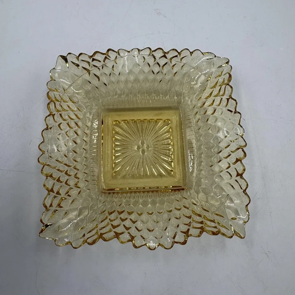 MCM Federal Glass‎ Amber Square Shape Diamond Point Ruffled Candy/Trinket Dish